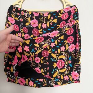 EXPRESS Faux Wrap Mini Skirt Womens Medium Black Pink Bright Floral Lined Zipper